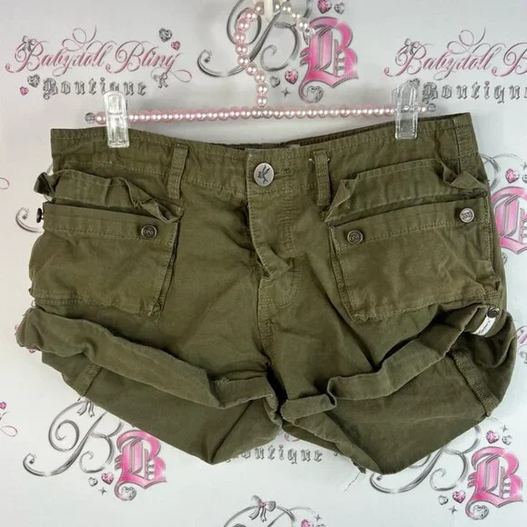One Teaspoon shorts cargo style pockets buttons Olive Green Women Shorts - Picture 1 of 12